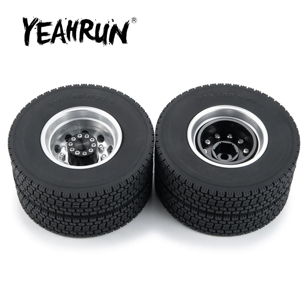 YEAHRUN 2Pcs Metal Rear Wheel Hub Rims with 4Pcs 22mm Width Rubber Tires for 1/14 Tamiya RC Trailer Tractor Truck Car Parts