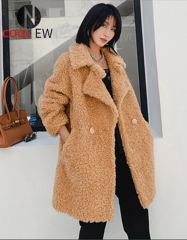 

Ptslan 2021 Women's Real Shearing Coat Winter New fashion Female Natural Wool Outerwear warm Medium Style Good QualityP7516