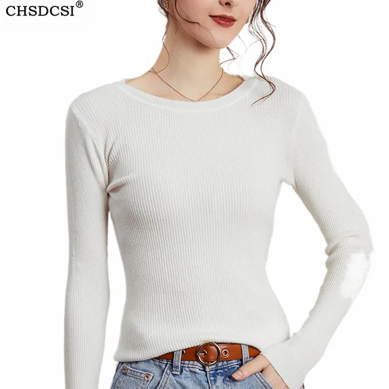 

CHSDCSI Women Round Neck Long Sleeve Sweater Knitted 2021 Jumper Autumn White Black Casual Pullover Elastic Slim Top Plus Size