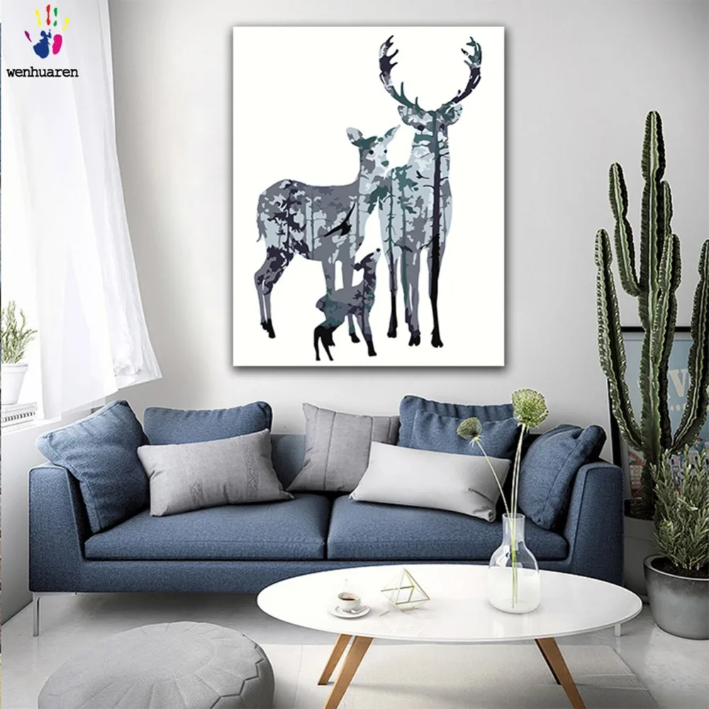 DIY Раскрашивание по номерам лес олень силуэт коричневый медведь девушка картина