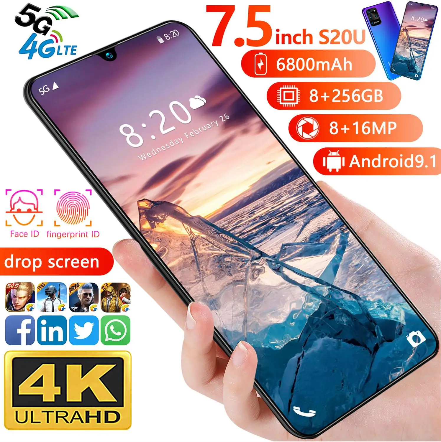 

New 7.5-inch Galay S20U Global Version New MediaTek Smartphone 4 Camera 8 256G Octa Core 6800mAh Battery MobilePhone In Stock