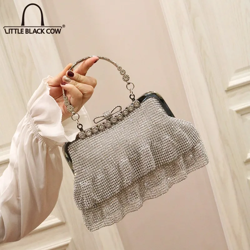 

Ladies Shiny Diamonds Ruffles Evening Bags Vintage Handbag Bowknot Hasp Party Bags Womens Beading Chain Crossbody Shoulder Bag