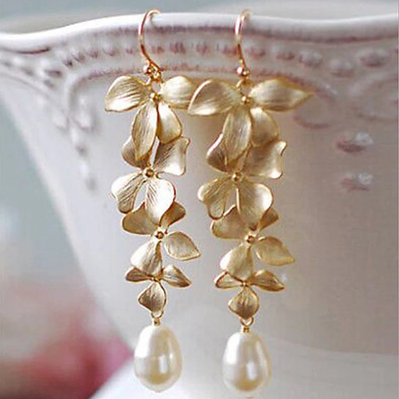Для девочек элегантные длинные серьги золотые орхидеи матовые для женщин с