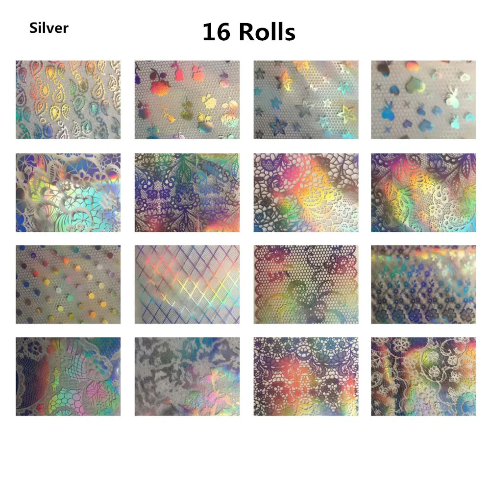 Silver-16Rolls 16 рулонов золотой серебряный кружевной Цветочный узор 4 см* 120 м наклейки на ногти из фольги черно-белый гель DIY 3D наклейки для ногтей инструмент для украшения - Цвет: Silver-16Rolls
