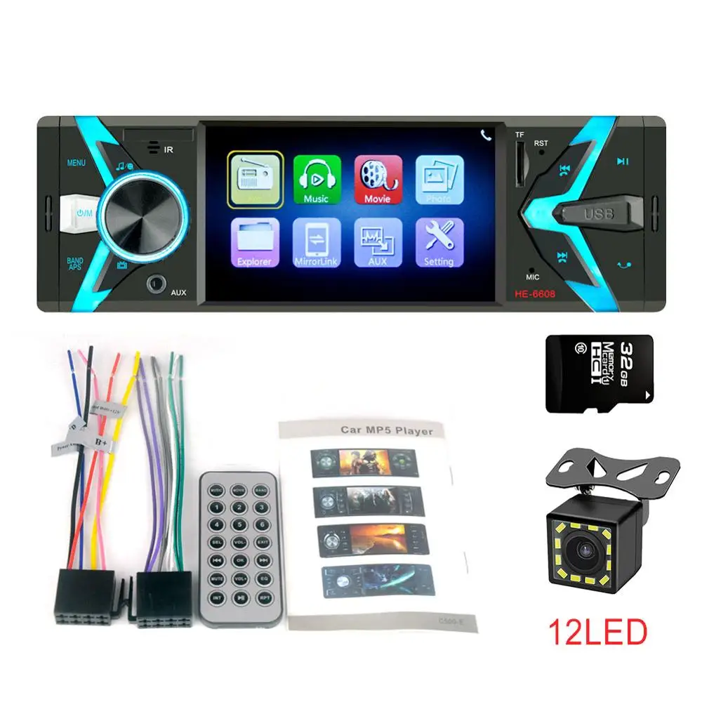 32G and 12 LED Автомагнитола 1din FM 4," автомобильный аудио стерео Bluetooth Aux Входной приемник SD USB Поддержка камеры заднего вида управление рулевым колесом - Цвет: 32G and 12 LED