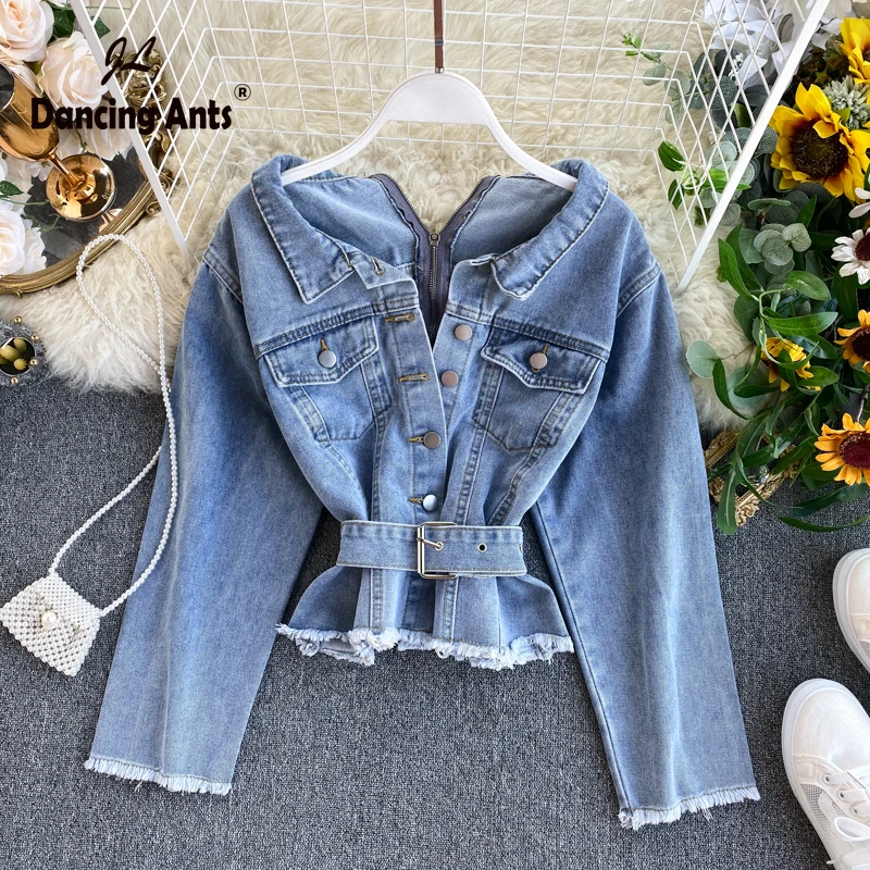 Женская джинсовая куртка однобортная из денима с отложным воротником и длинным