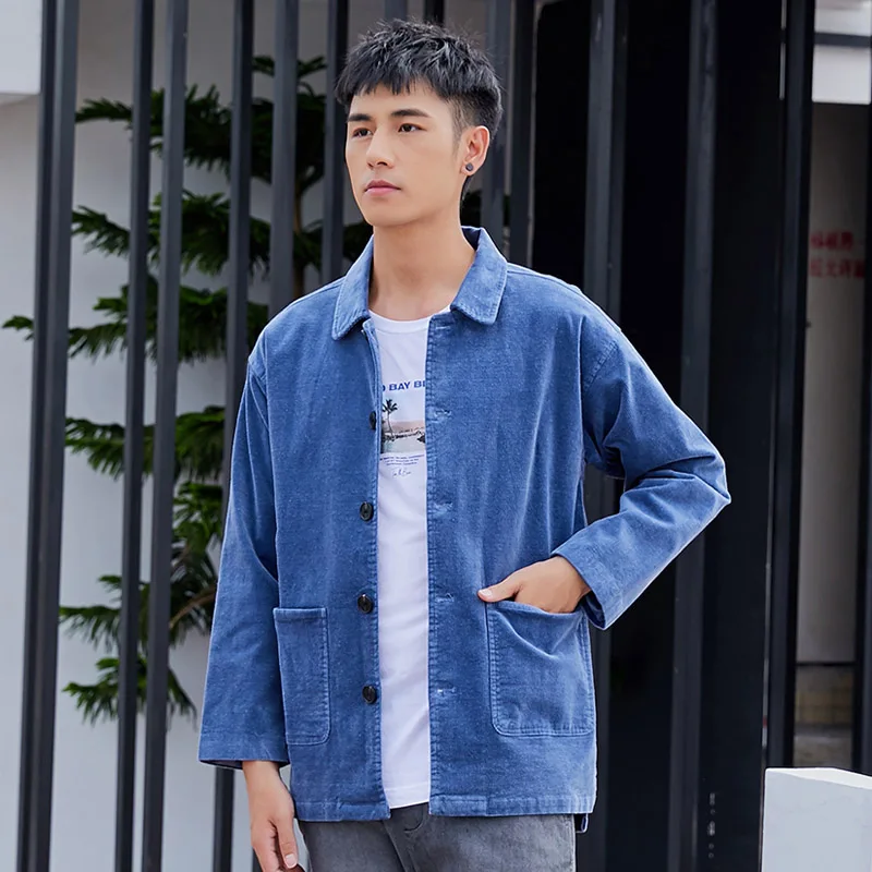 Schinteon Men Corduary Loose Jacket Autumn Mid-Length Outwear Casual Turn-down Collar Top Fashion High Quality New