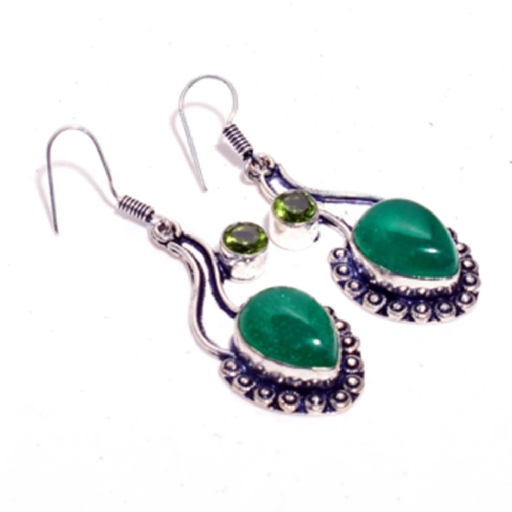 Green Onyx + Peridot Silver Overlay on Copper Earrings 56 mm E4643 | Украшения и аксессуары