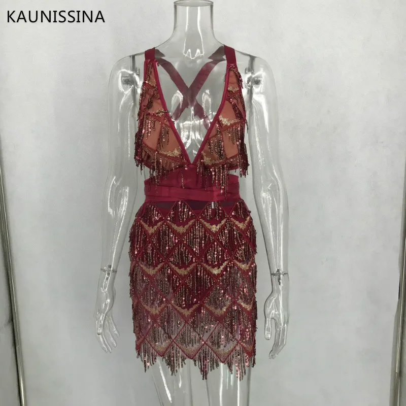 Wine Red KAUNISSINA Блестками Bodycon Коктейльные мини-платья Глубокий v-образный вырез спинки Vestidos вечерние платья Сексуальная клубная женская одежда реальное фото - Цвет: Wine Red