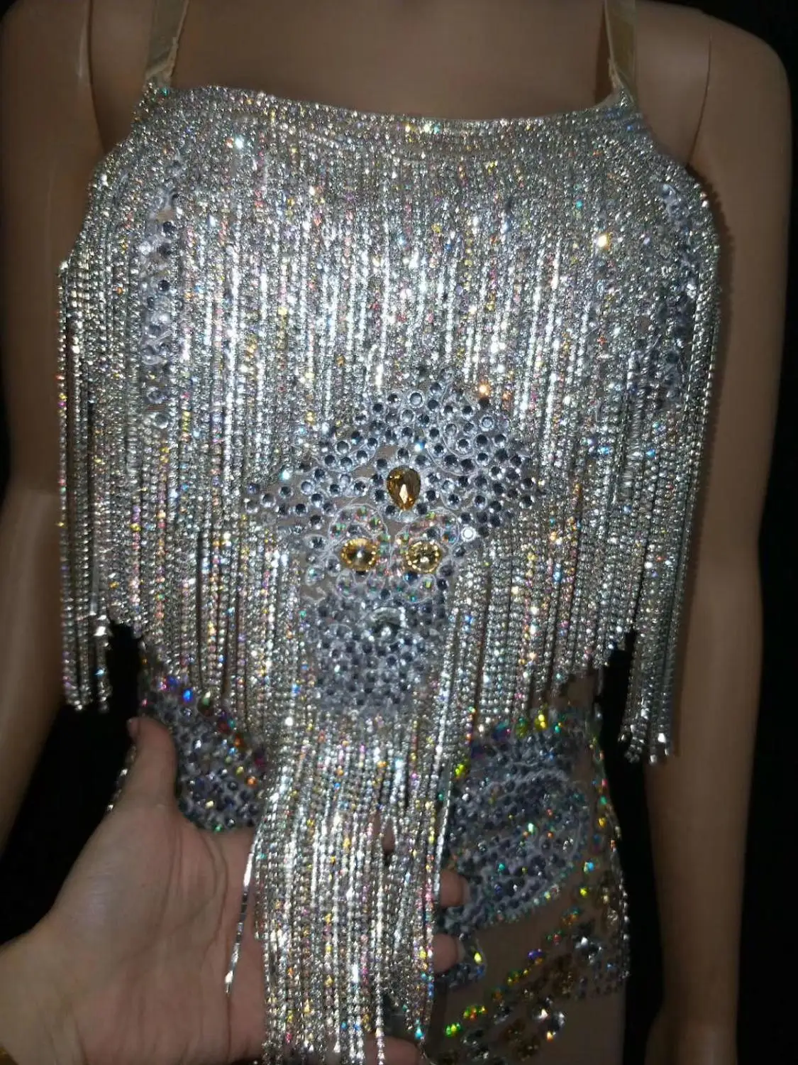 

Female Slim Rhinestone Sequined Tassel Strap Short Dress Women's Mesh Perspective Skirts Women Shining Stretch Dance Costumes