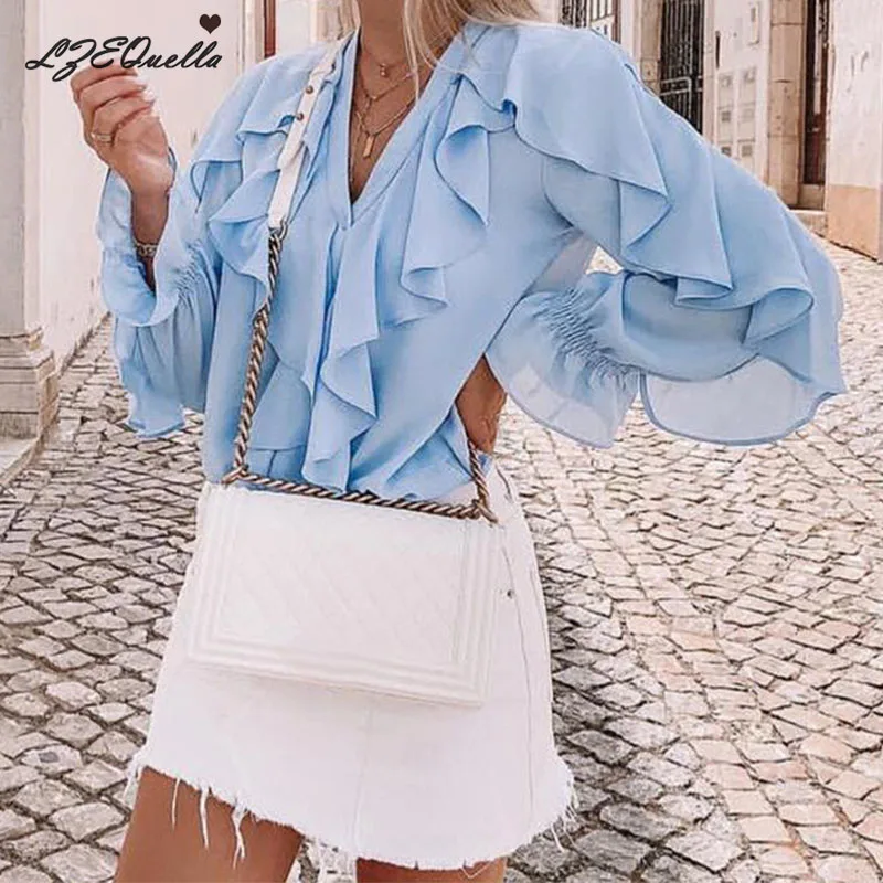 Женская блузка с оборками LZEQuella однотонная блуза v-образным вырезом и длинным