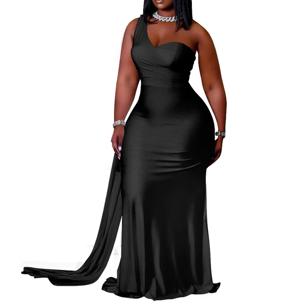 

Europe America Plus Size Women's Clothing Summer 2021 Dress Solid Color One Shoulder Temperament Commute African Casual