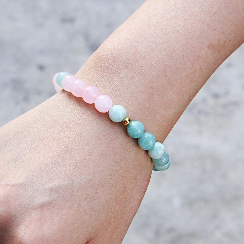 

Fashion Women's Bracelet Pink Quartzs Crystal Mixed Natural Stones Rhodochrosite Malachite Stone Beads Streche Bracelets Jewelry