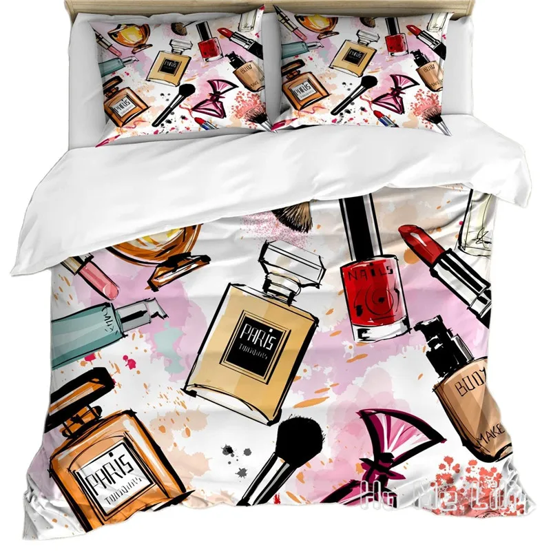 

Fashion By Ho Me Lili Duvet Cover Set Cosmetic Makeup Theme Pattern With Perfume Lipstick Nail Polish Brush Modern Decor Bedding