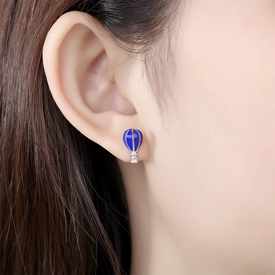 Romantic 925 Sterling Silver Blue Hot Air Balloon &amp Heart Stud Earrings for Women Girlfriend Party Valentines Day Jewelry Gift |