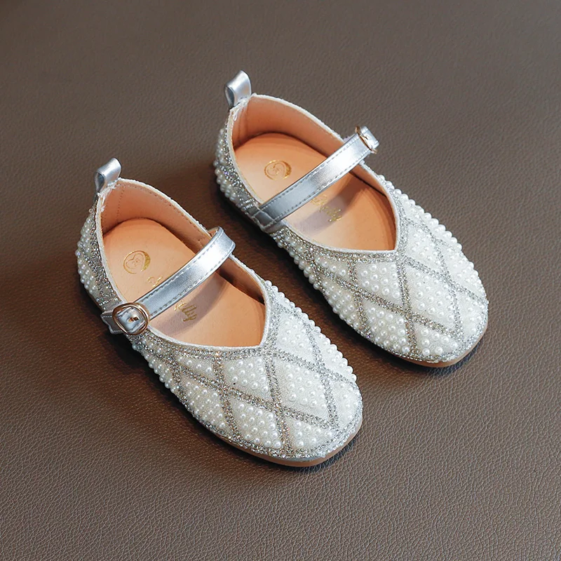 

Girls Shoes Children Princess Flats 2021 Spring Autumn New Pearls Beaded Fashion Sweet Kids Leather Shoes for Wedding Rhombic