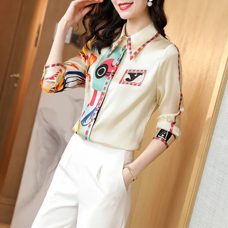 

2021Luxury High-end Imitation Silk Shirt Women's Long-sleeved Mulberry Silk New Fashion Foreign Temperament Printed Top