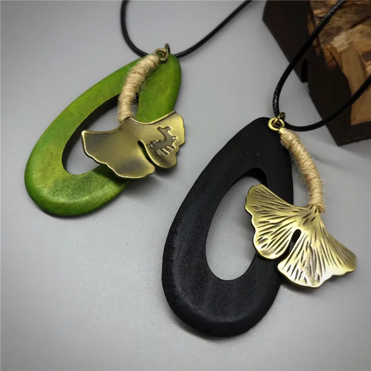 Древний зеленый кулон Любителя кофе овальный деревянный лист Гинкго Ожерелье