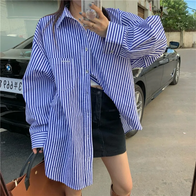 

Striped Long Sleeve Women Shirt Coat Autumn Korean Version Chic Loose All-match Slim Fashionable Shirts Trendy Oversized Blouses