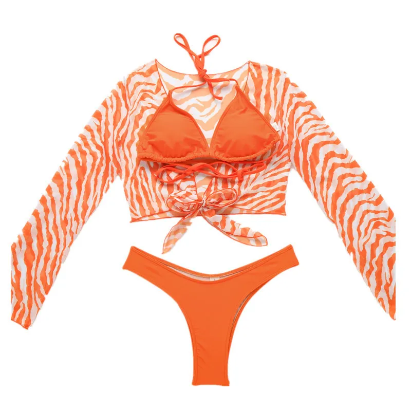 

Sexy High Leg Cut Thong Bikinis Set Long Sleeve Three Pieces Swimsuit Women Swimwear Female Cover Ups Bather Bathing Suit Swim