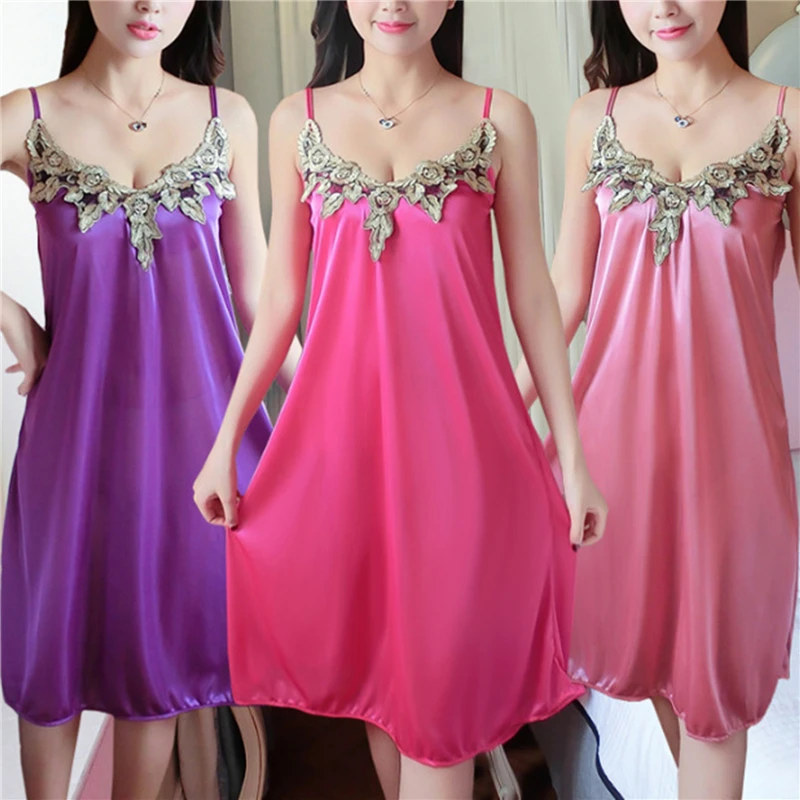 

Sexy Night Dress For Women Deep V Lace Sleepwear Lingerie Silk Nightgown Sleeveless Nightdress Nightwear Summer Homewear