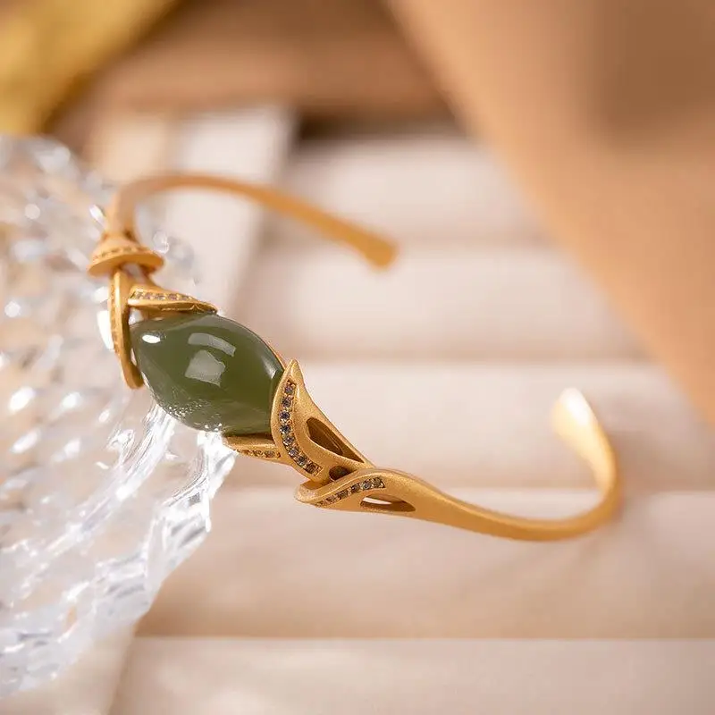 

Оригинальный дизайн, Открытый браслет из натурального нефрита с кристаллами и нефритом, легкие роскошные классические женские украшения