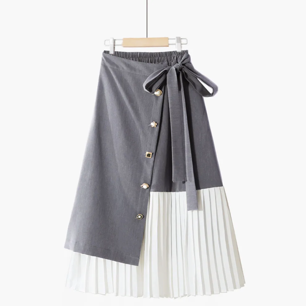 

2021 Spring New Women Elastic Waist Casual Stitching Color Pathwork Panelled Over Knee Loose Pleated Skirt