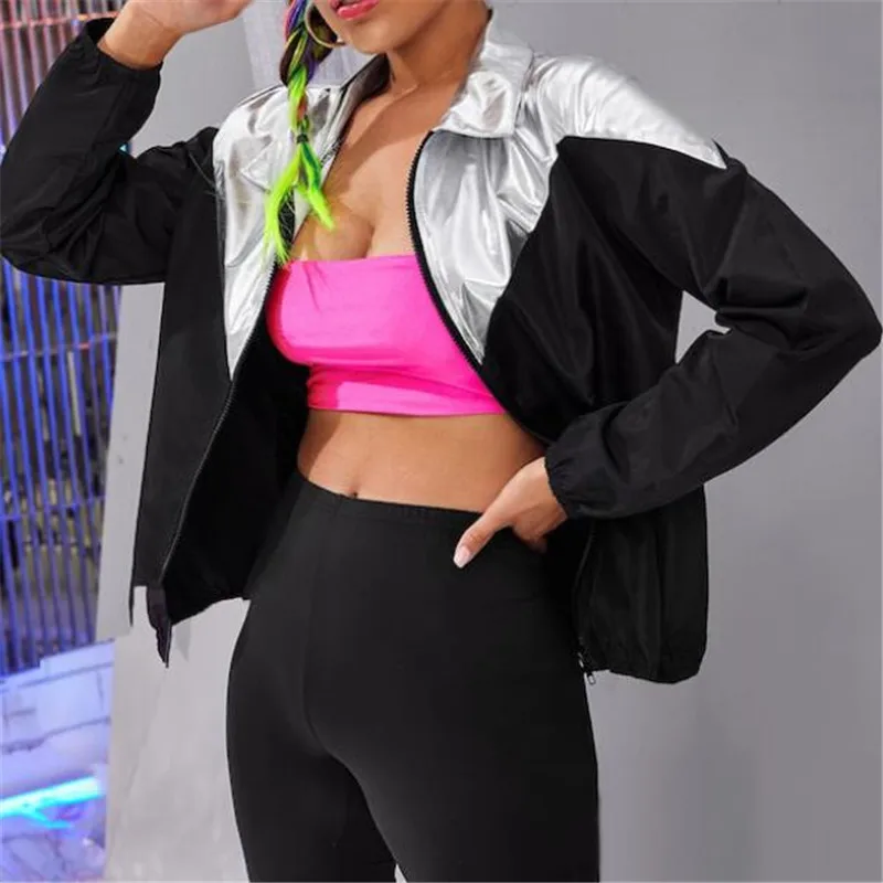 

Autumn Women's Slim Fit Windbreaker Fashion Zipper Patchwork Short Coat Jacket Casual Ladies Stitching Colorblock Short Jacket