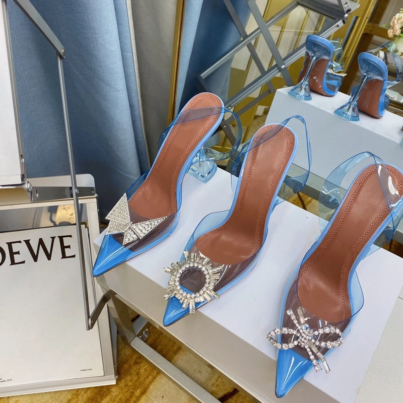 

2021 Runway Sun Rhinestone Luxurious Women Pumps Pointed-Toe Transparent PVC Wine Glass Summer Sandals Party Wedding mujer Shoes