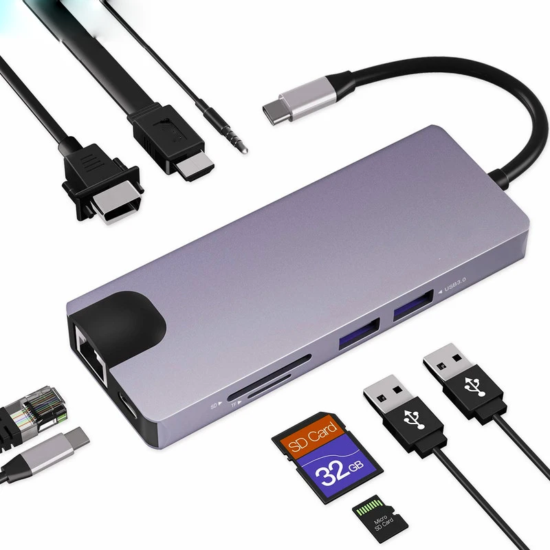 

Basix USB-C концентратор к USB 3,0 Thunderbolt 3 HDMI-совместимый VGA 3,5 мм аудио RJ45 адаптер для MacBookPro Samsung Galaxy S9 USB C концентратор