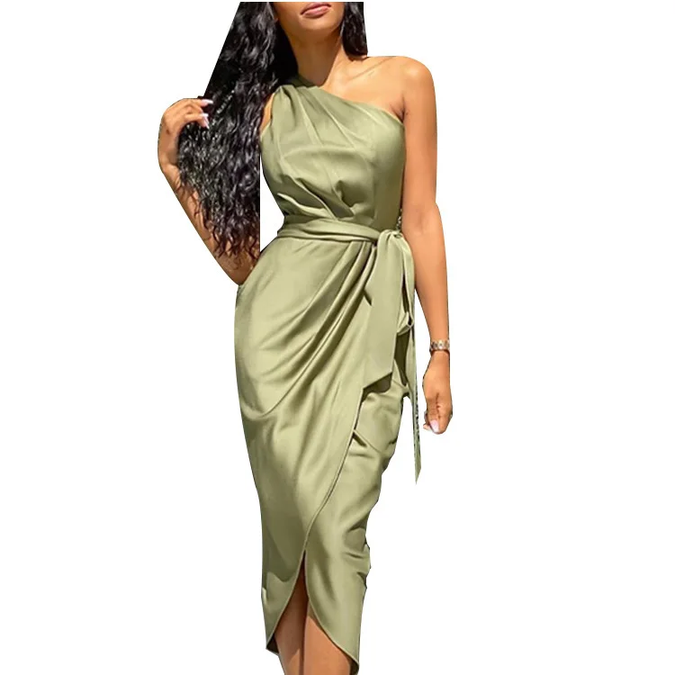 

Summer 2021 Women One Shoulder Dress Sexy Backless Sleeveless Asymmetrical Midi Dress with Sashes Woman Blue Party Club Dresses