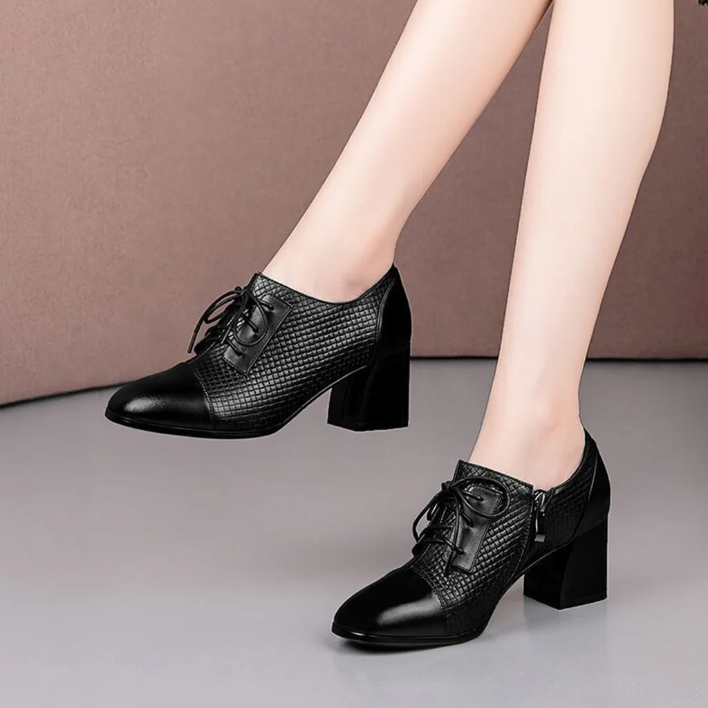 Кожаные туфли Женские черные на квадратном каблуке Повседневные туфли-лодочки