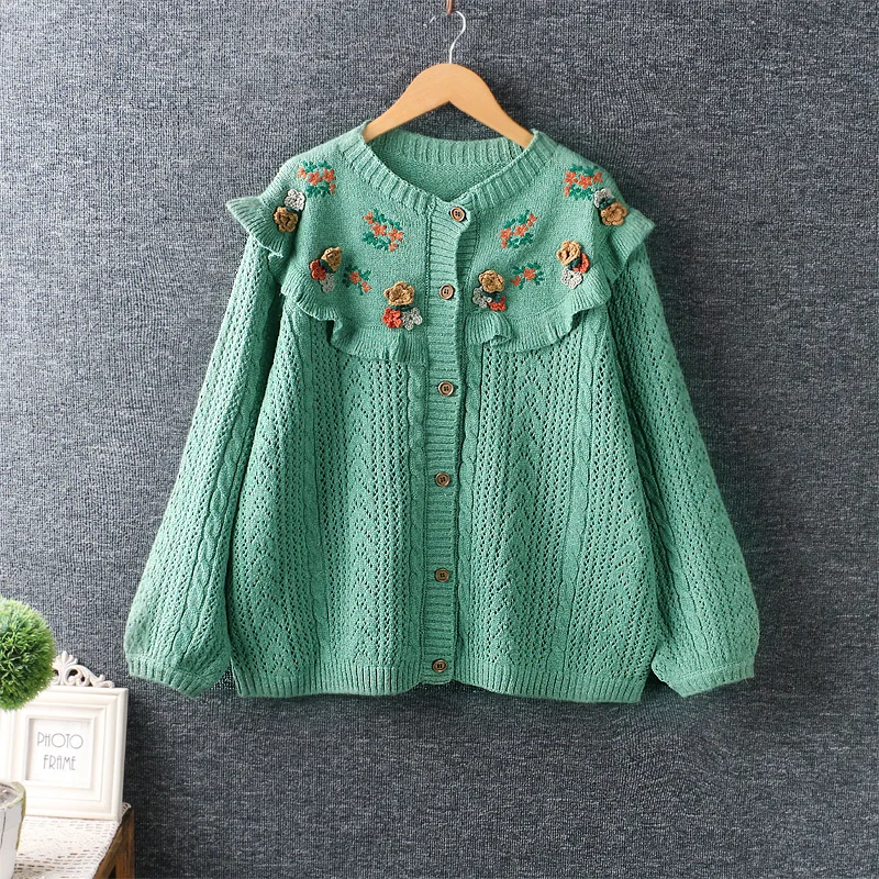 Женский шерстяной кардиган с цветочной вышивкой свободный трикотажный в стиле