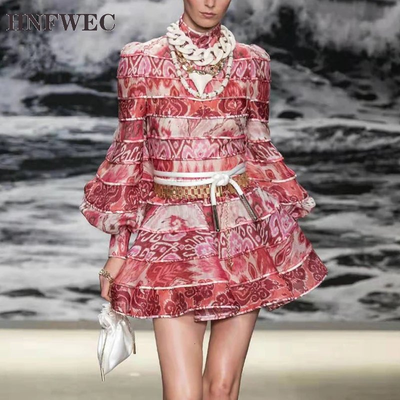 Женское ТРАПЕЦИЕВИДНОЕ мини платье с высокой талией принтом фонариков длинными