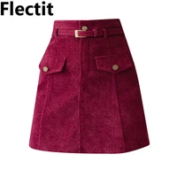 flectit a line belted corduroy mini skirt womens winter thick skirts with belt fake pocket