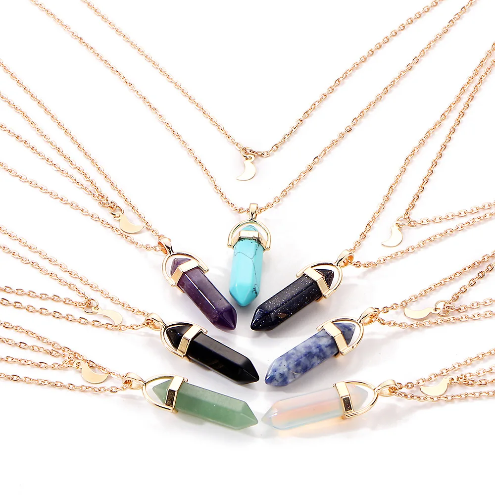 

Hot Sale Hexagonal Column Quartz Necklace Pendant Fashion Natural Stone Bullet Crystal Pendant Necklace Women's Jewelry