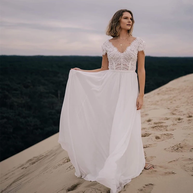 

Simple Beach Boho Lace chiffon Bridal Wedding Dresses Short Sleeves V Neckline Wedding Gowns for Bride