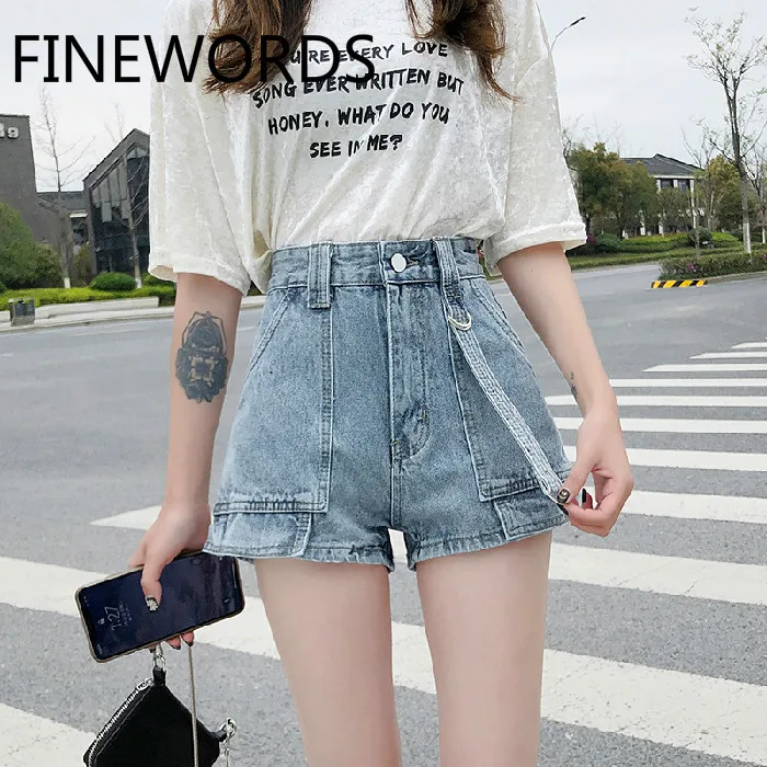 

Женские джинсовые шорты FINEWORDS, летние классические Голубые мини-шорты с высокой талией, бермуды