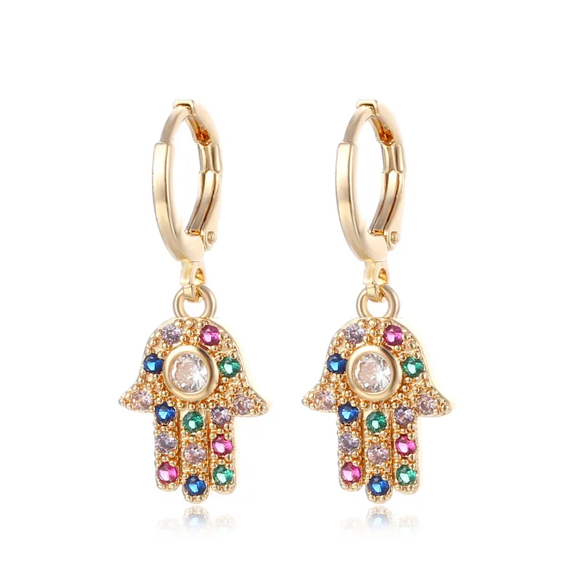 

New Fashion Inlaid Zircon Evil Eyes Stud Earrings For Women Hand Of Fatima Earrings Copper Palm Ear Jewelry Christmas Gift