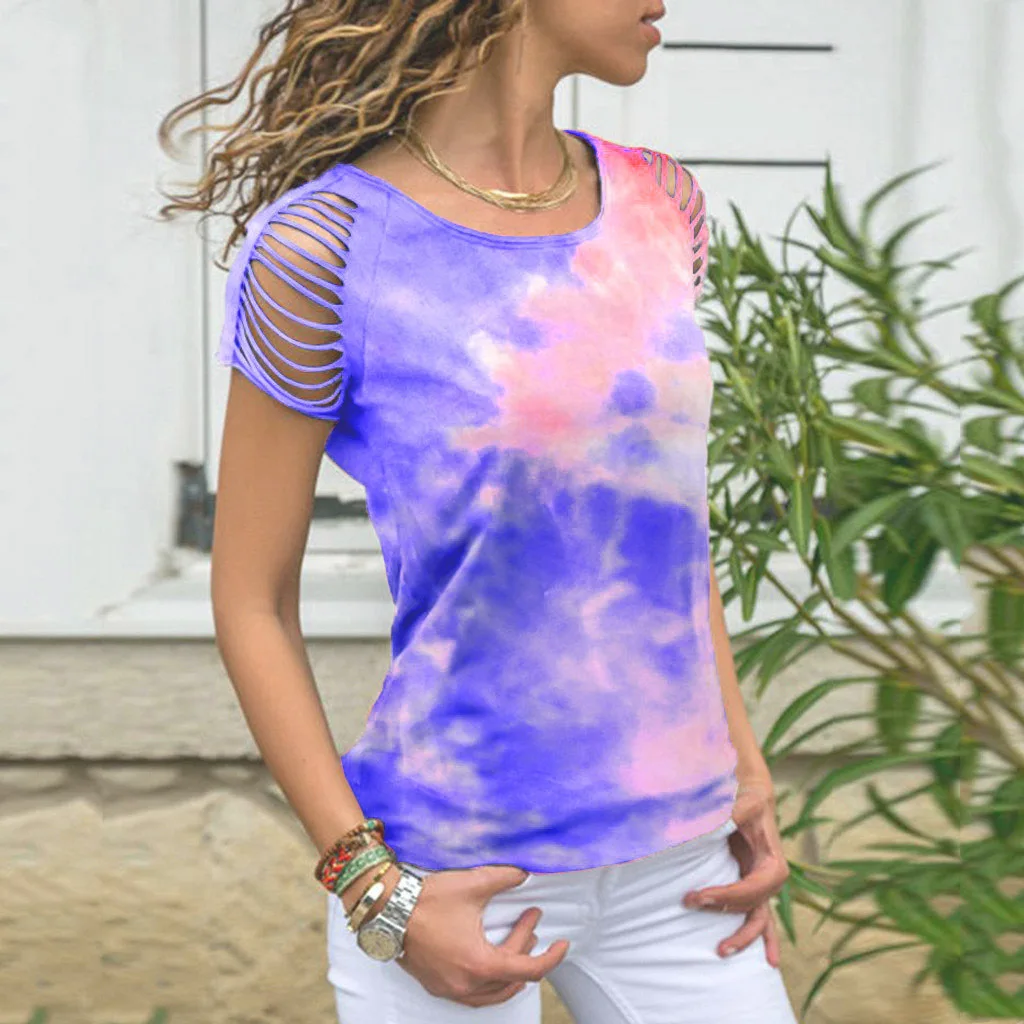 

2021 Summer New Fashion Women's Tie-dye Hole Burnt Flower Strapless Short Sleeve T-Shirt Casual Women