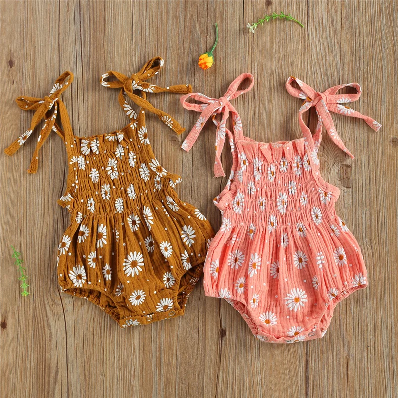 

0-12M Infant Newborn Baby Girl Camisole Romper with Daisy Flower Print Shoulder Strap Elastic Band Triangle Bodysuit