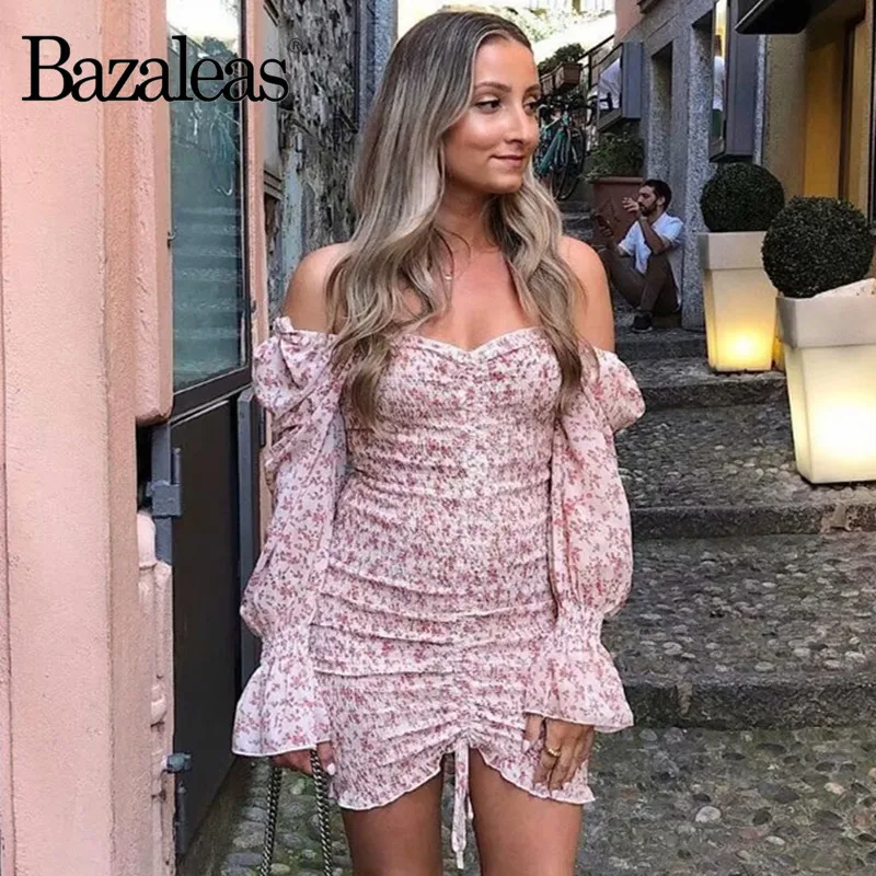Женское винтажное платье с цветочным принтом Bazaleas эластичное мини-платье