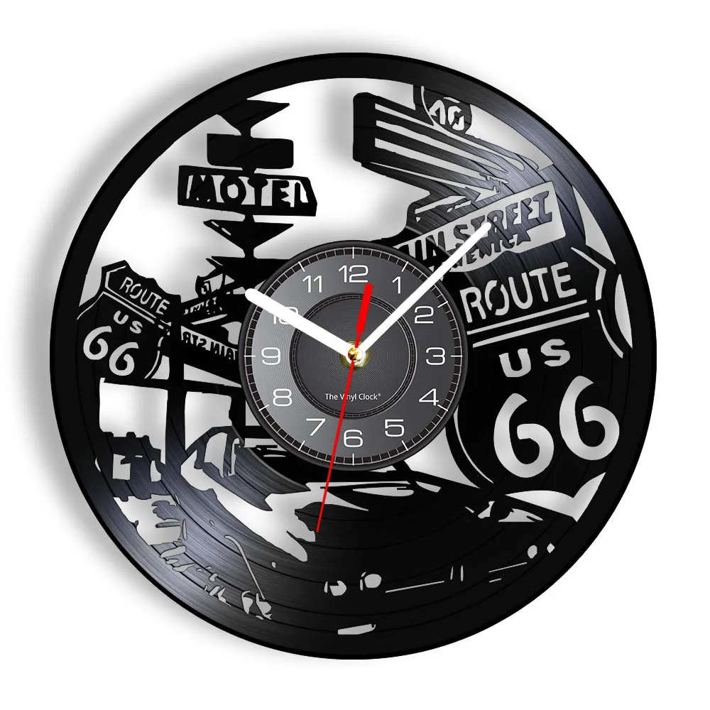 

American Route 66 Decorative Wall Clock Mother Road Of the USA Vintage Design Illuminated Wall Watch Carved Vinyl Record Artwork