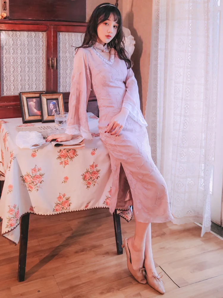 

Make spot improved cheongsam style restoring ancient ways falbala v-neck dress pricing