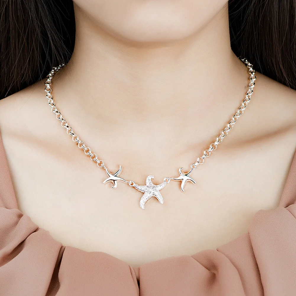 

HXH QRX 925 Sterling Silver 18 Inches Three Starfish Chain Necklace For Women Fashion Wedding Party Gift Charm Jewelry