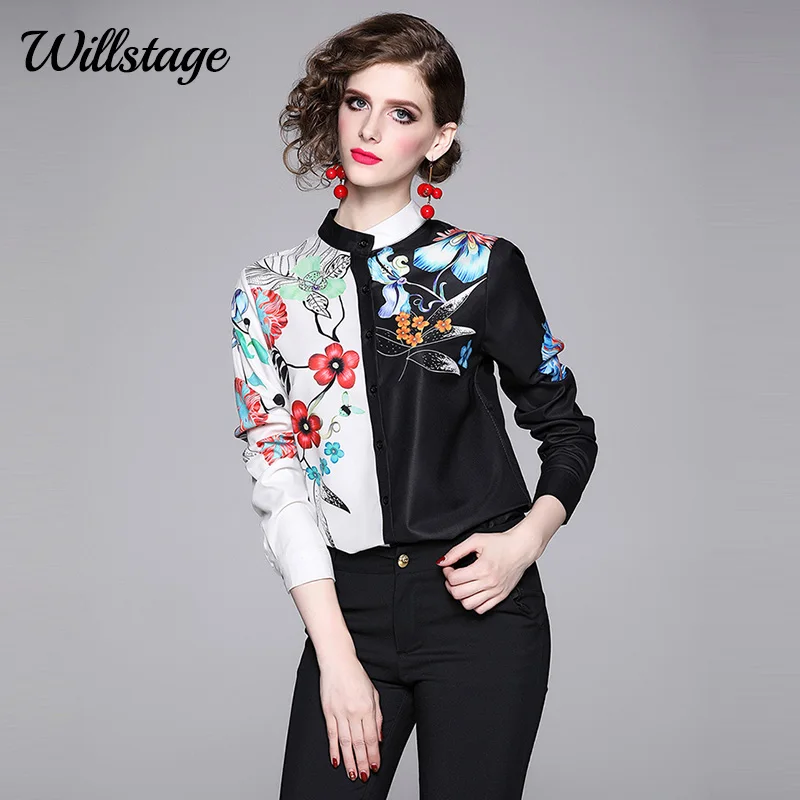 

Willstage Floral printed Shirts women patchwork Blouse collar shirt long sleeve vintage Blusas office ladies work wear Autumn