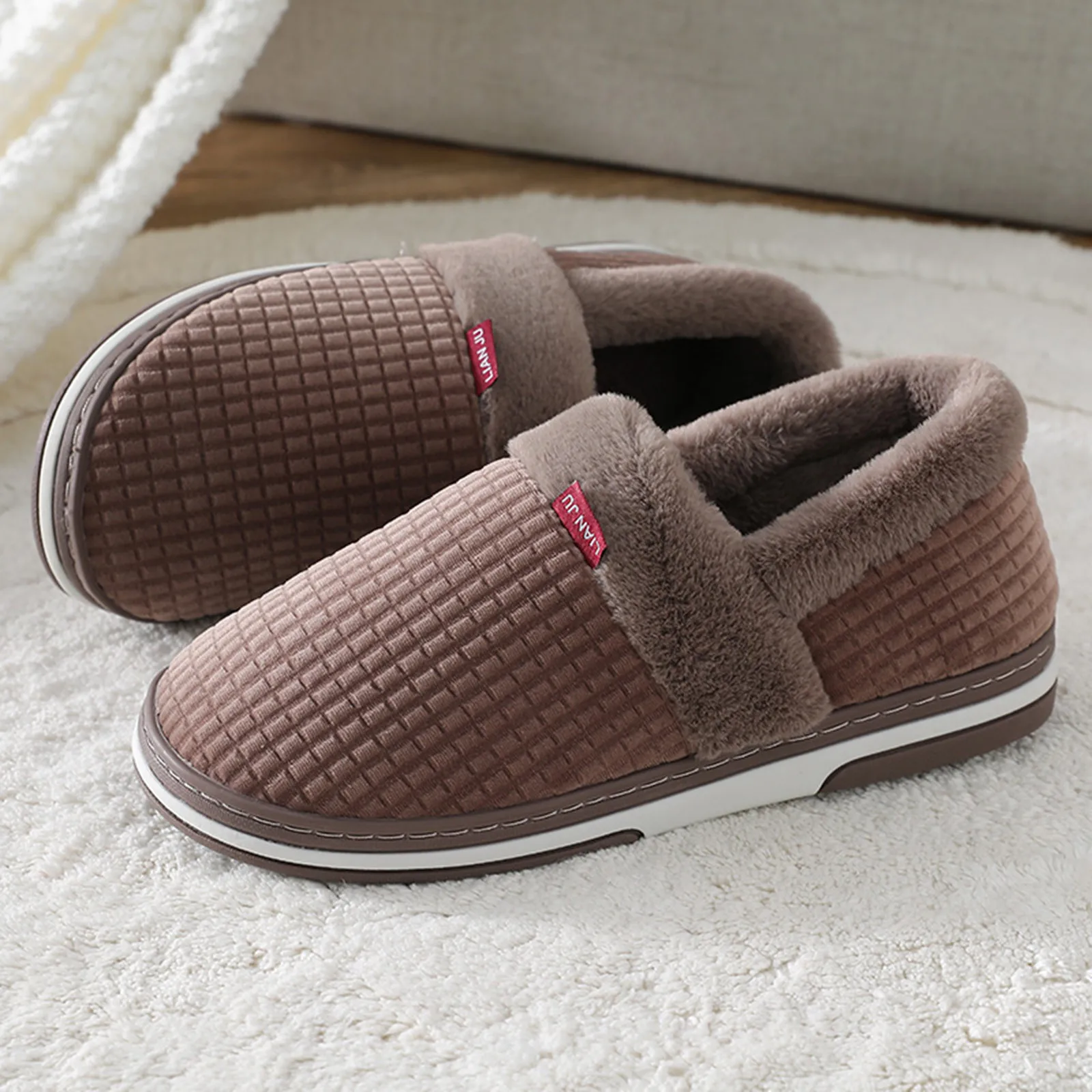 

Mens Slippers Casual Slip On Warm Shoes Soft Plush House Slippers Flip Flop Comfortable Winter Indoor Bedroom Warm Cotton Shoes