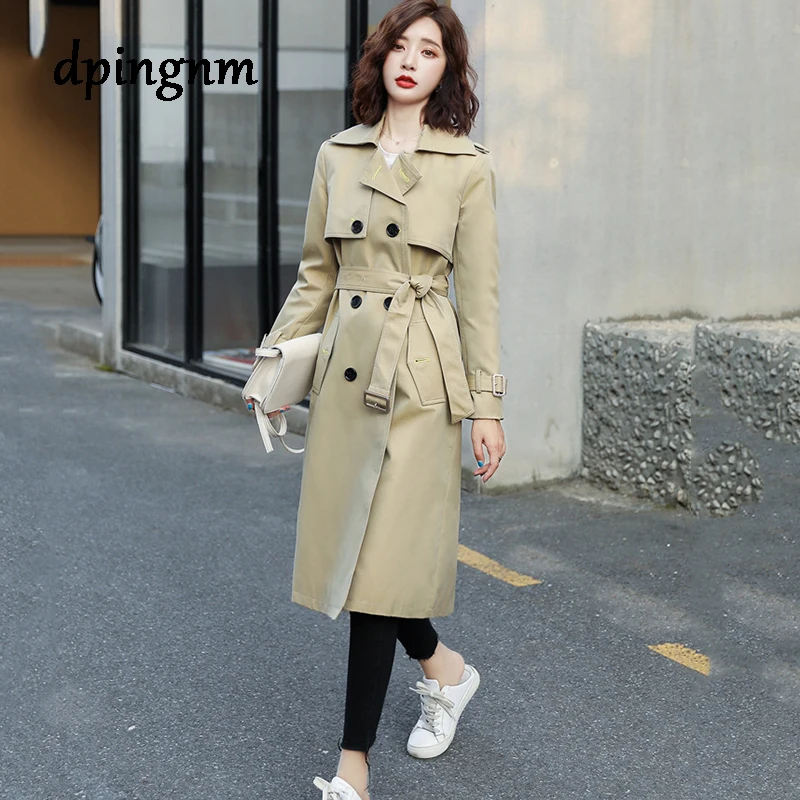 Autumn Winter Women's Coat black Belt Long Trench Turn-Down Collar Double Breasted Female Casual Office Lady Outwear