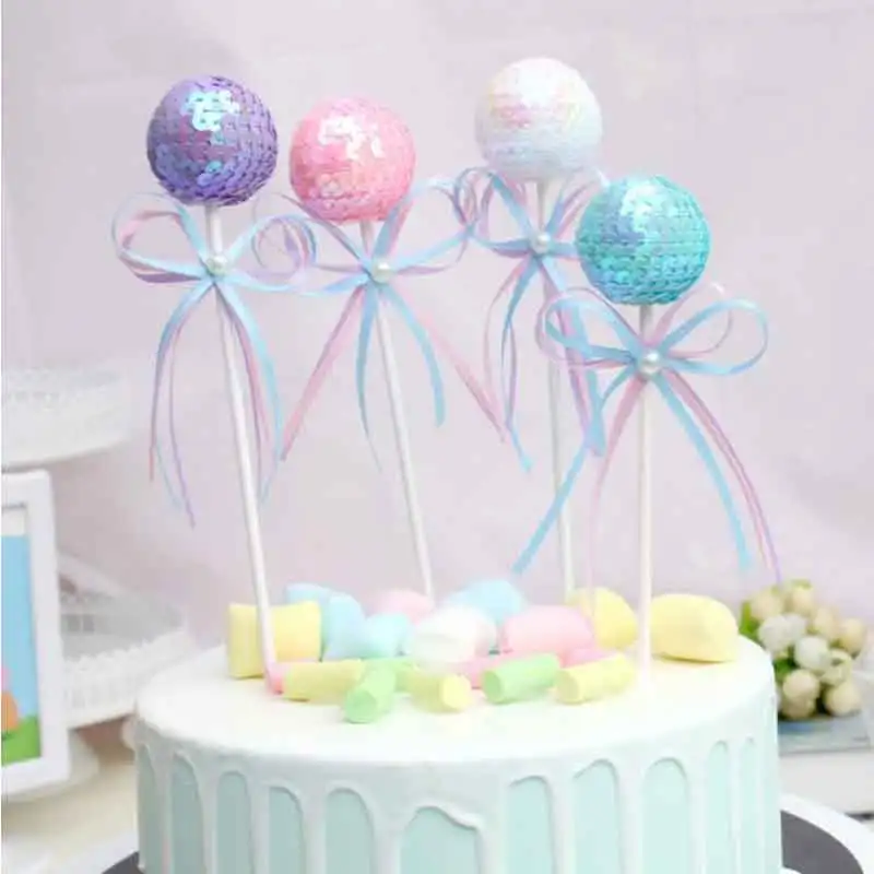 Розовый синий блестящий шар бант лента Топпер для торта на день рождения кекс