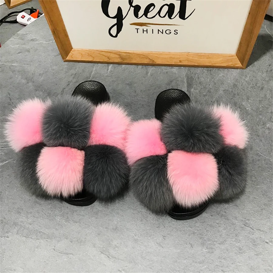 Summer Women Slippers fox Fur Slides For Women Fluffy Slippers House Female Shoes Woman Slippers With Fur Pom Pon Furry Slides images - 6